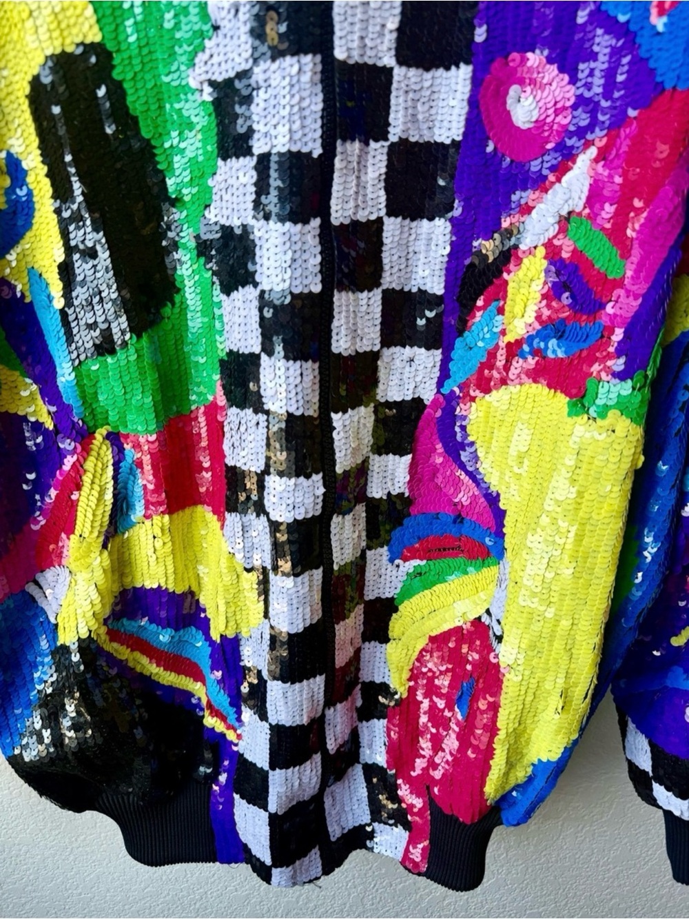 Vintage Gantos Sequin Abstract Checkered Bomber Jacket - Multicolor XXL - Picture 5 of 16